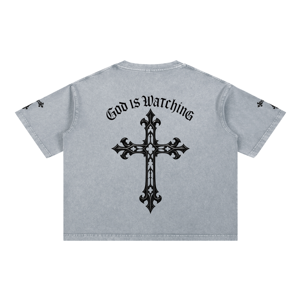 GOD IS WATCHING Mineral Wash Boxy Cotton T-Shirt