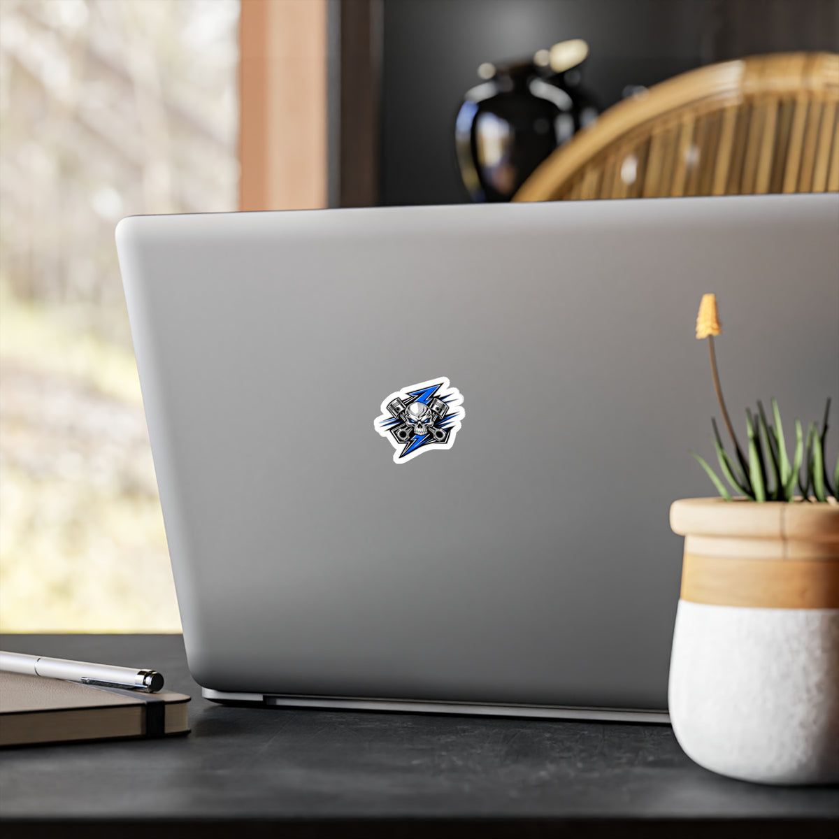 Skull & Pistons Vinyl Sticker — Blue Lightning Kiss-Cut Decal