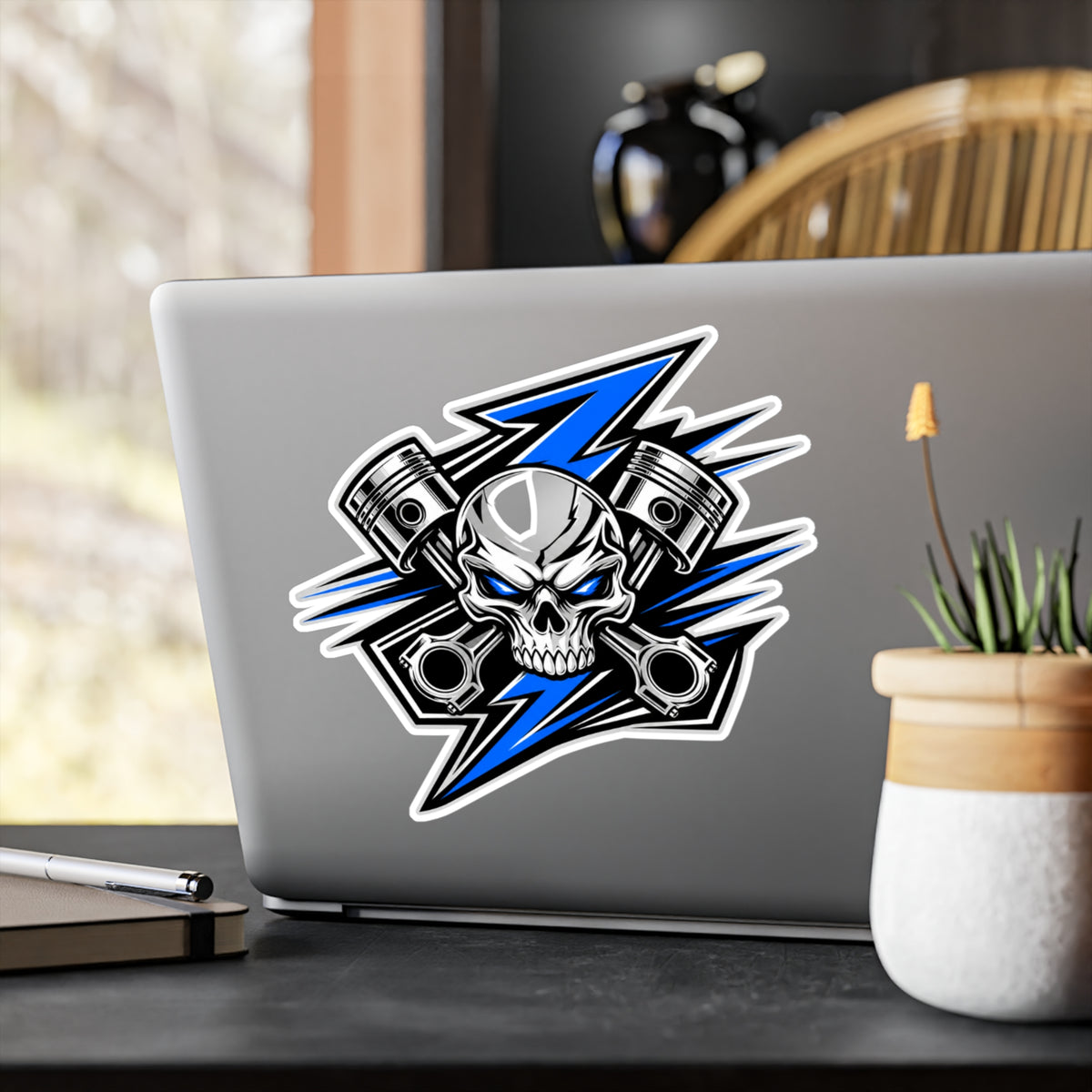 Skull & Pistons Vinyl Sticker — Blue Lightning Kiss-Cut Decal