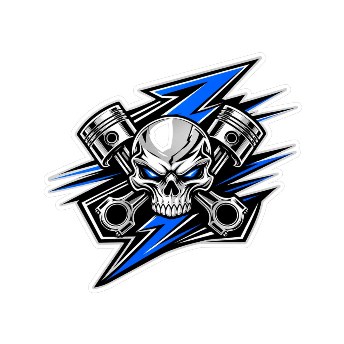 Skull & Pistons Vinyl Sticker — Blue Lightning Kiss-Cut Decal