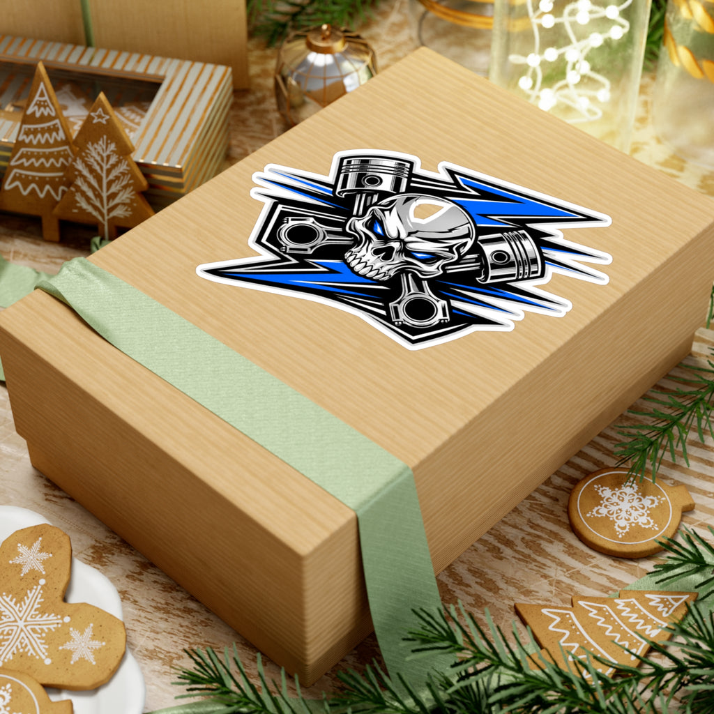 Skull & Pistons Vinyl Sticker — Blue Lightning Kiss-Cut Decal