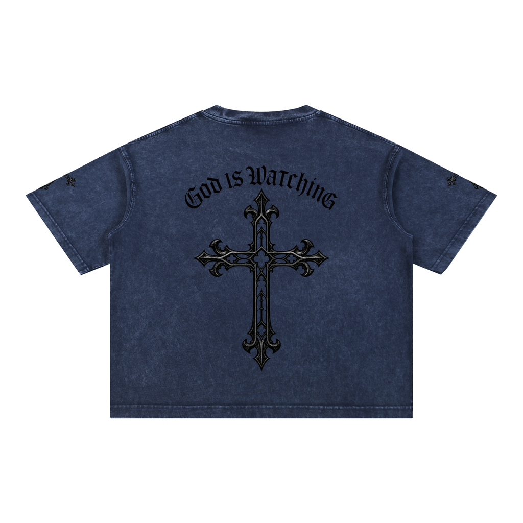GOD IS WATCHING Mineral Wash Boxy Cotton T-Shirt