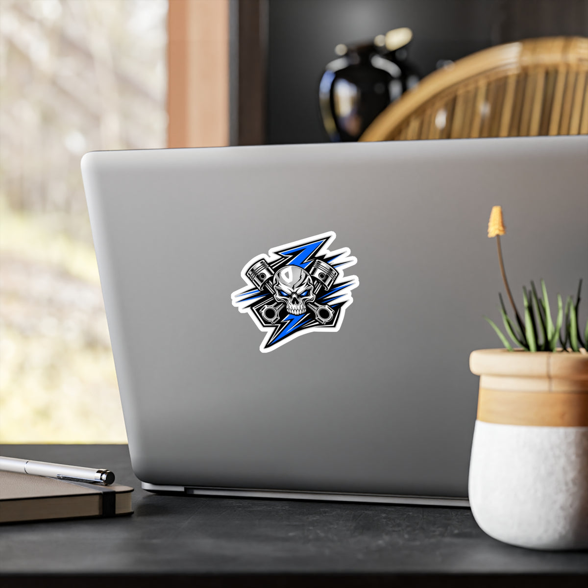 Skull & Pistons Vinyl Sticker — Blue Lightning Kiss-Cut Decal