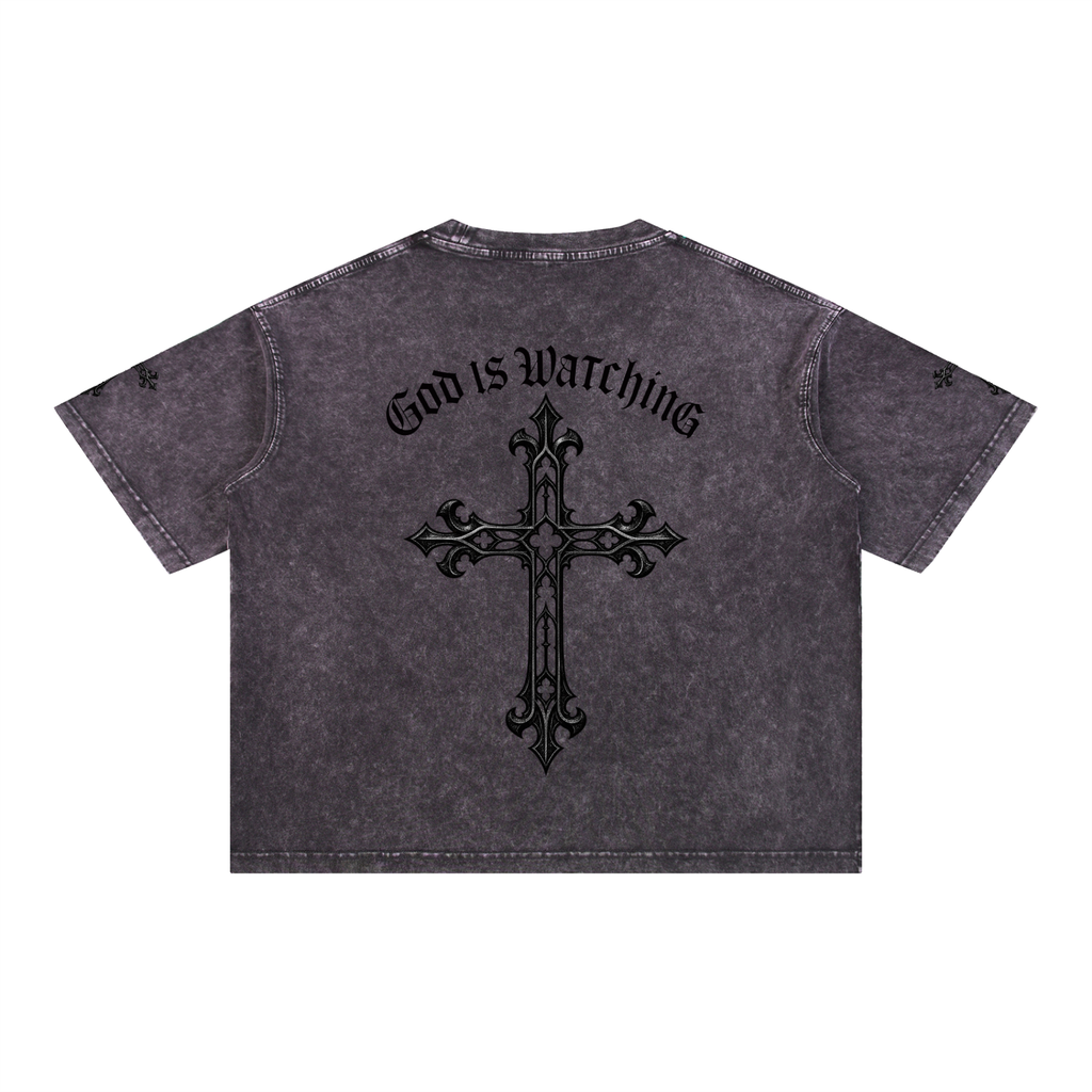 GOD IS WATCHING Mineral Wash Boxy Cotton T-Shirt