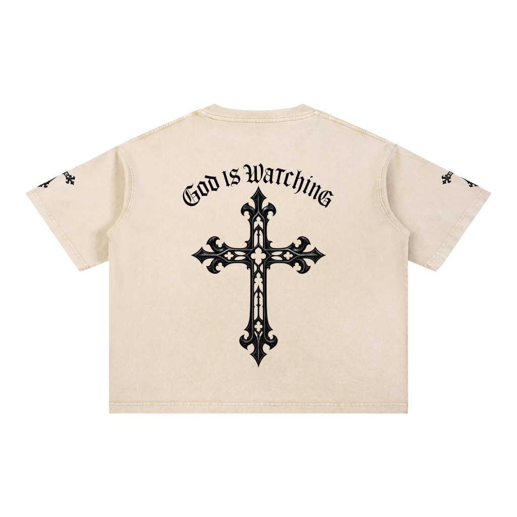 GOD IS WATCHING Mineral Wash Boxy Cotton T-Shirt