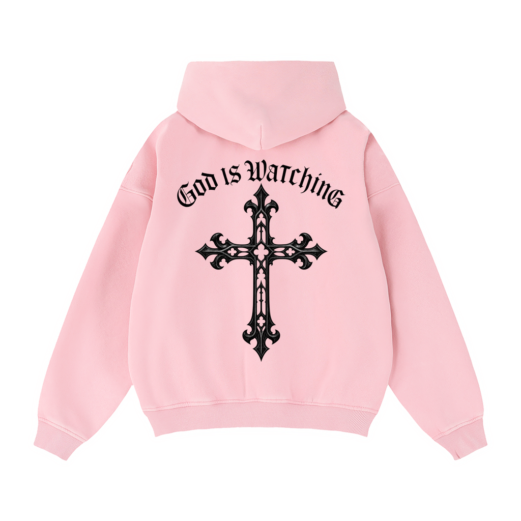 GOD IS WATCHING Zip-Through Boxy Fleece Hoodie
