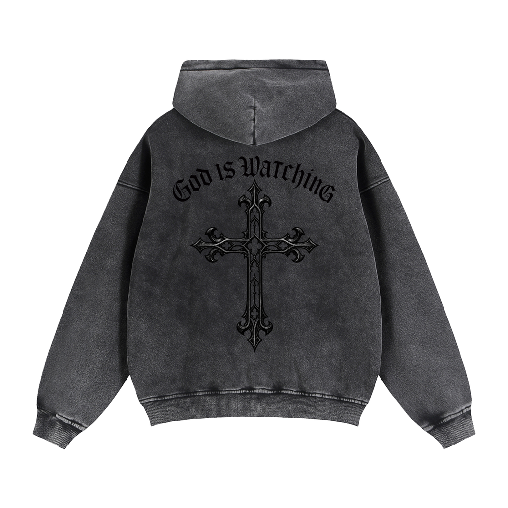 GOD IS WATCHING Zip-Through Boxy Fleece Hoodie