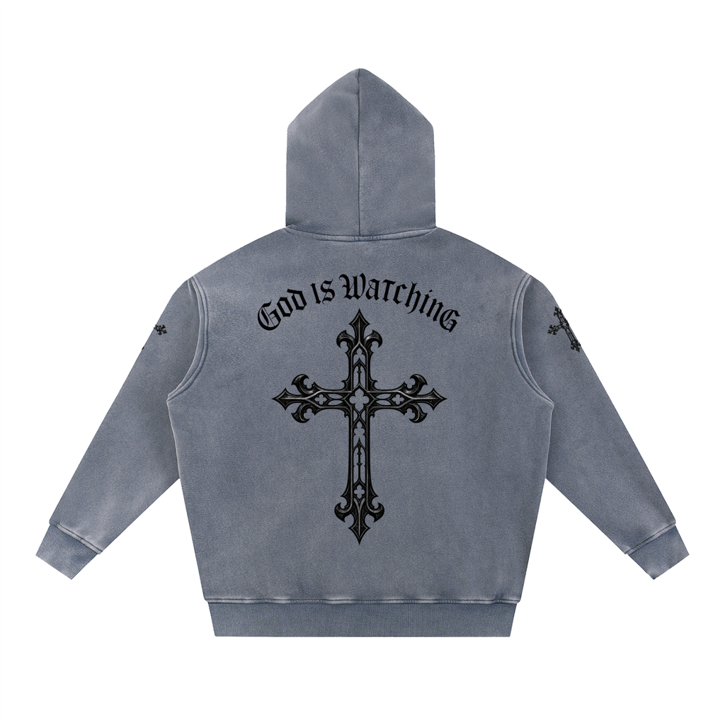 GOD IS WATCHING Snow Wash Fleece Oversize Hoodie