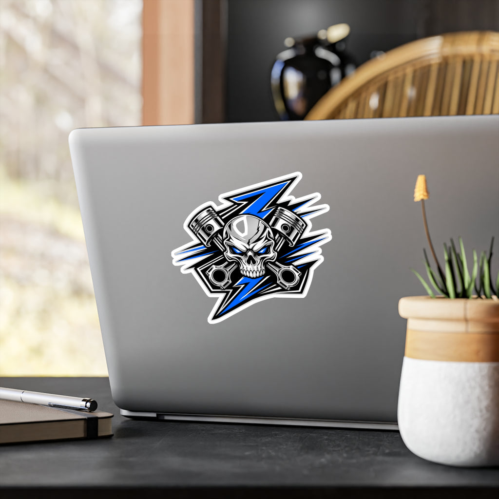Skull & Pistons Vinyl Sticker — Blue Lightning Kiss-Cut Decal