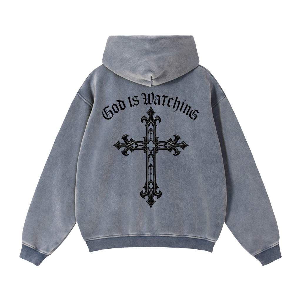 GOD IS WATCHING Zip-Through Boxy Fleece Hoodie