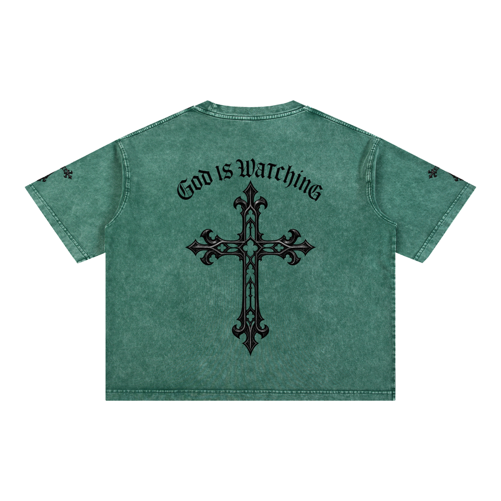 GOD IS WATCHING Mineral Wash Boxy Cotton T-Shirt