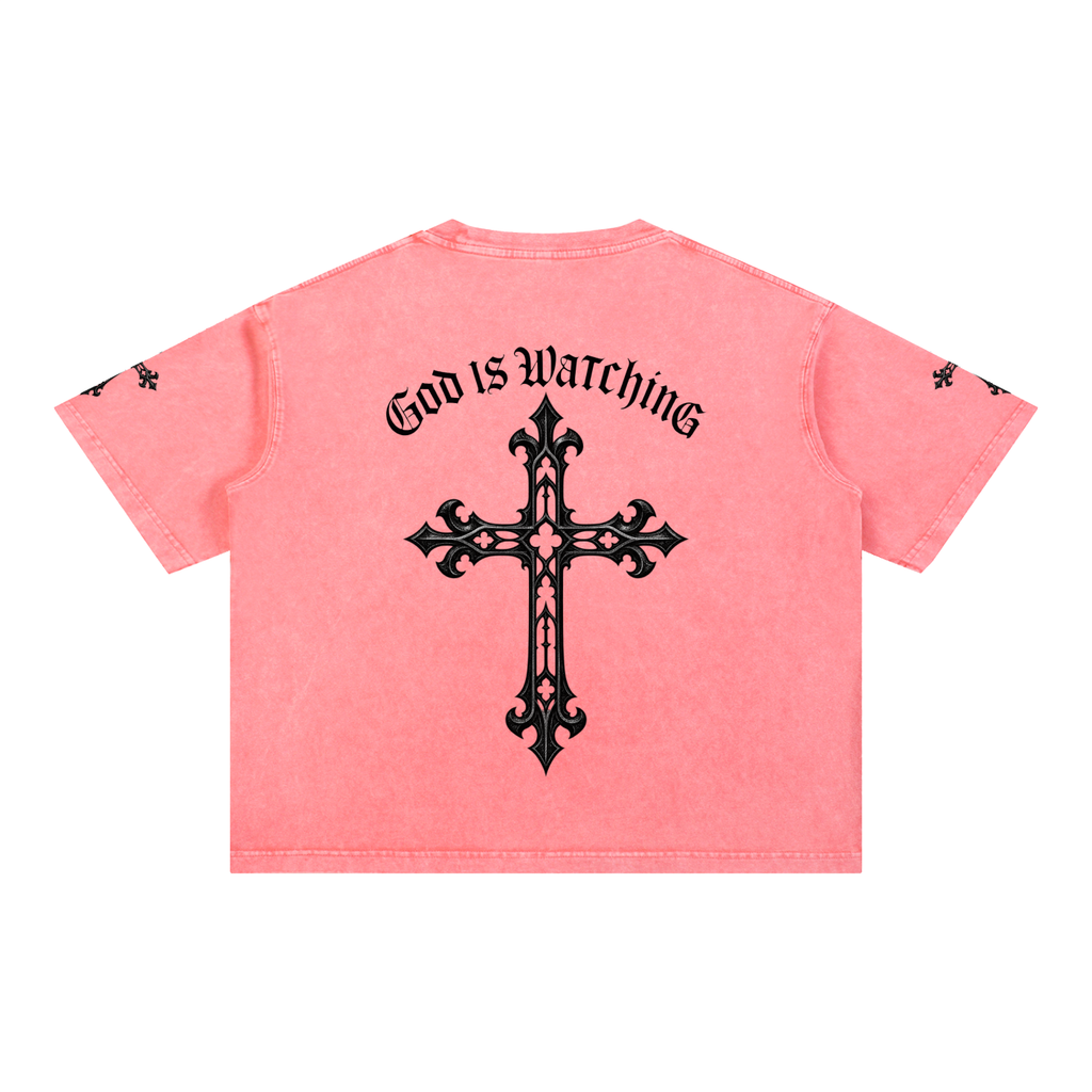 GOD IS WATCHING Mineral Wash Boxy Cotton T-Shirt