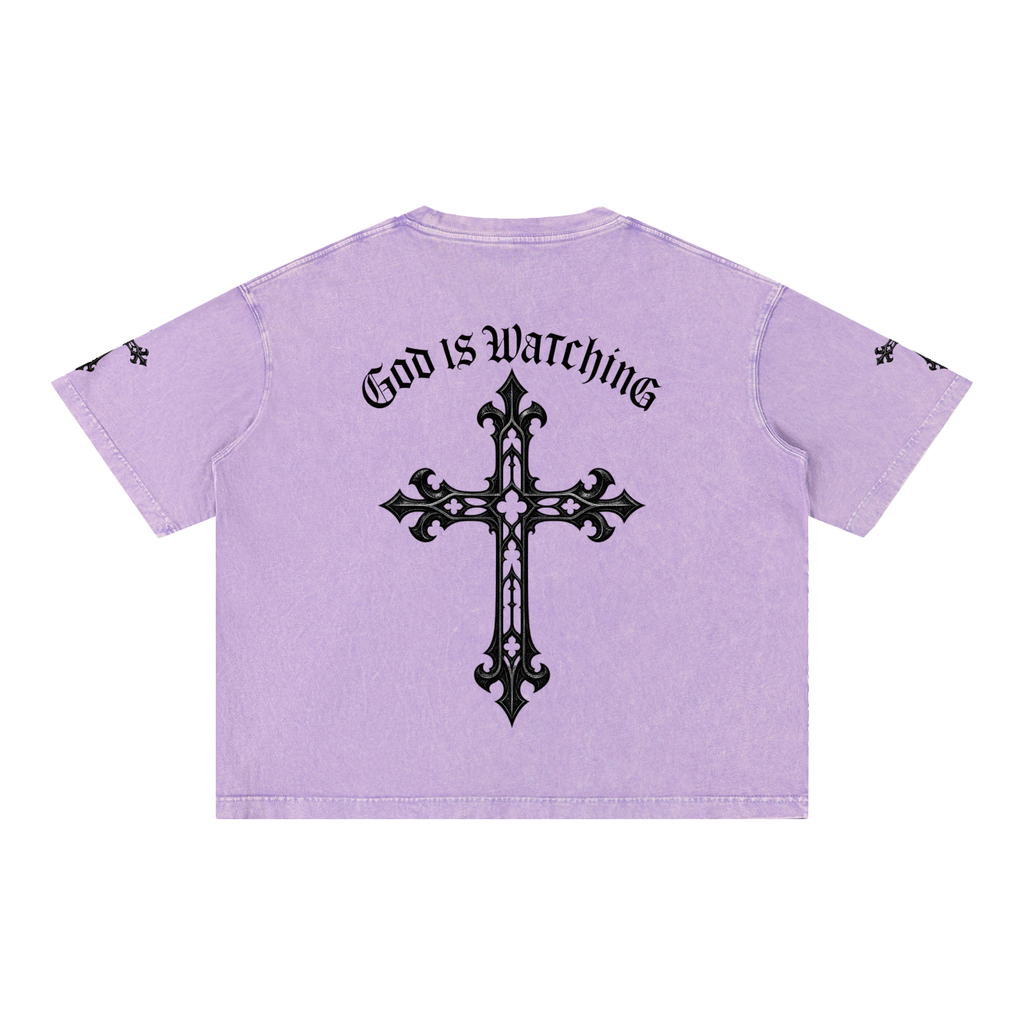 GOD IS WATCHING Mineral Wash Boxy Cotton T-Shirt